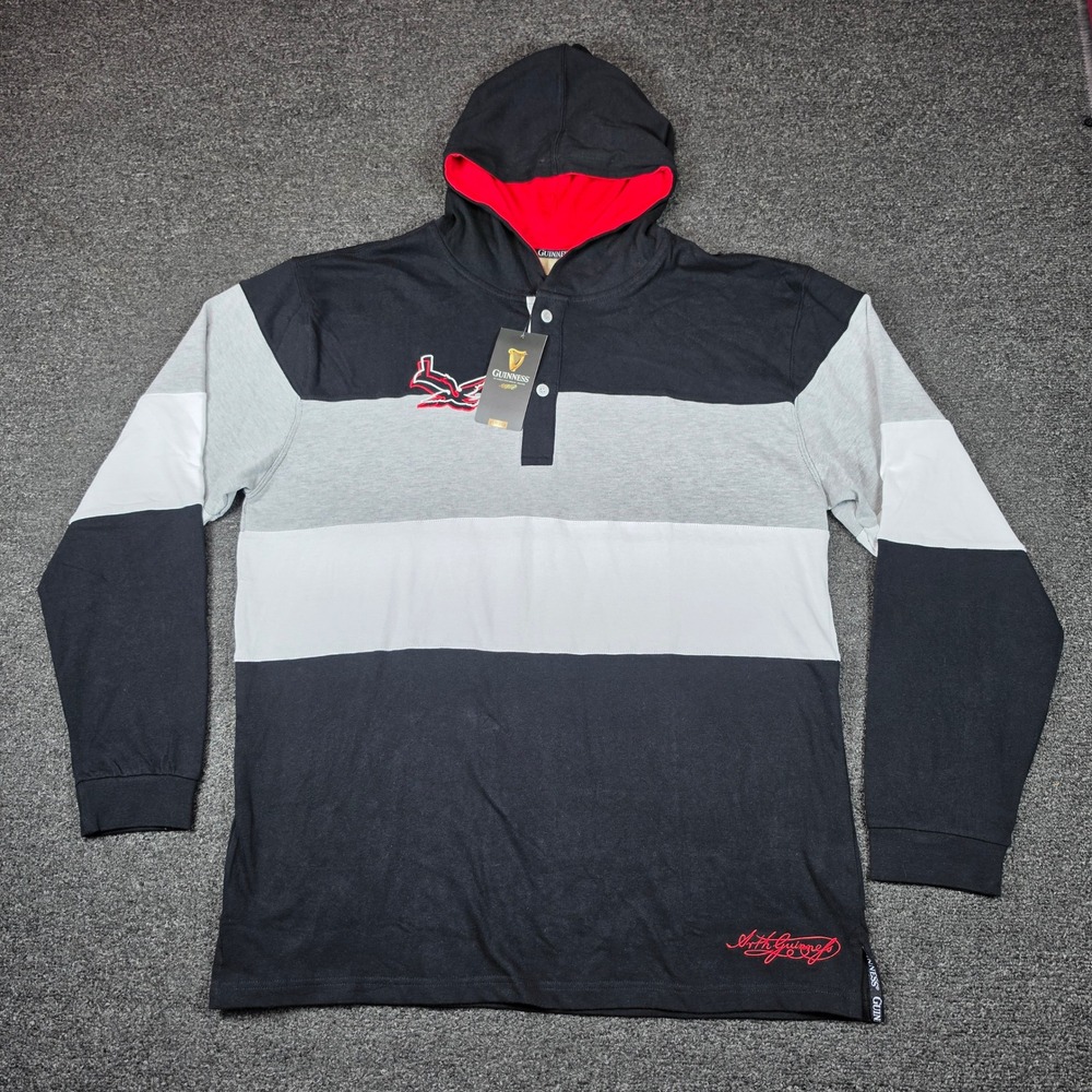 Guinness Rugby Jersey Black Mens 2XL Hooded Long Sleeve Toucan Preppy Sporty NEW